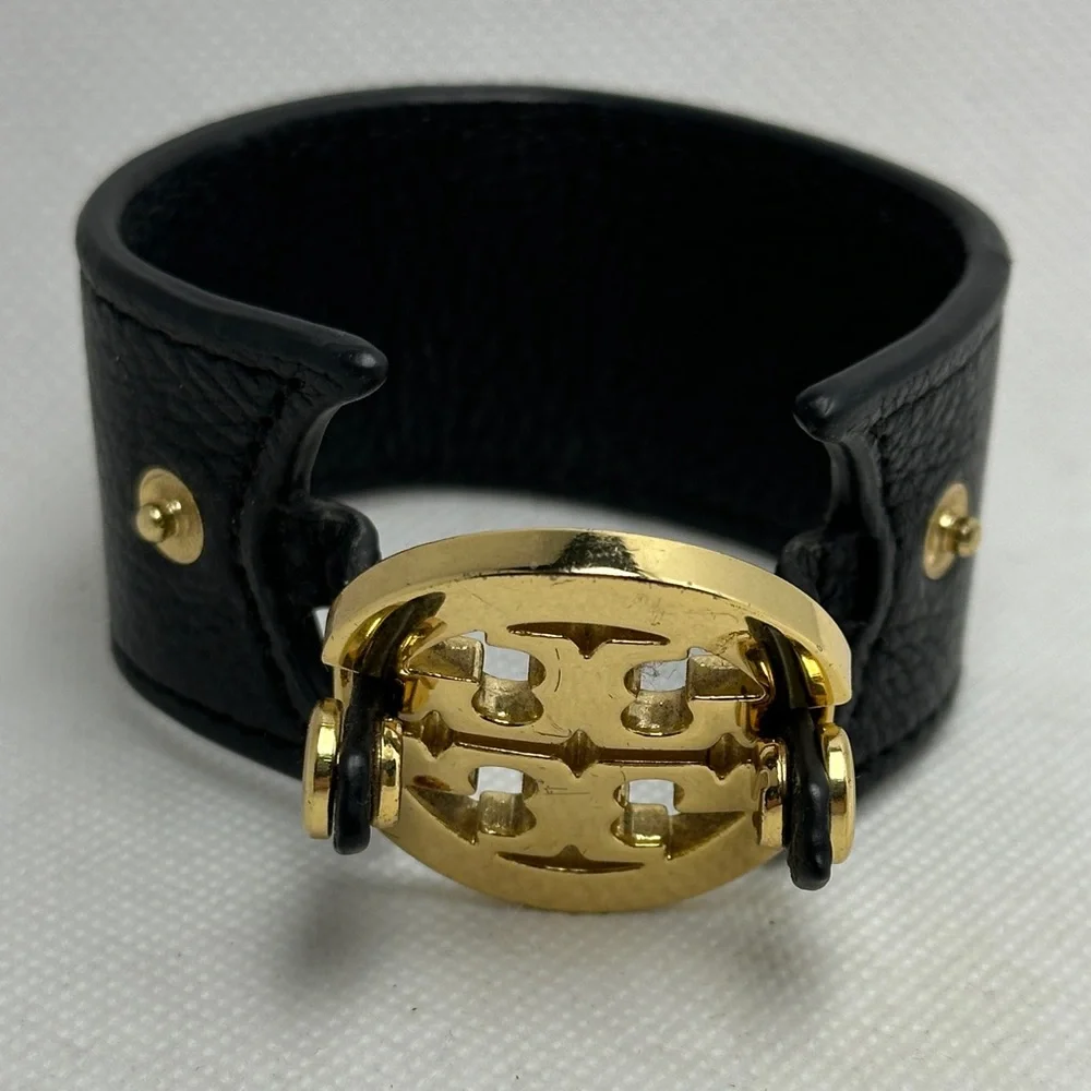 Tory Burch Black Leather Bracelet with Gold Emblem - Picture 3 of 5